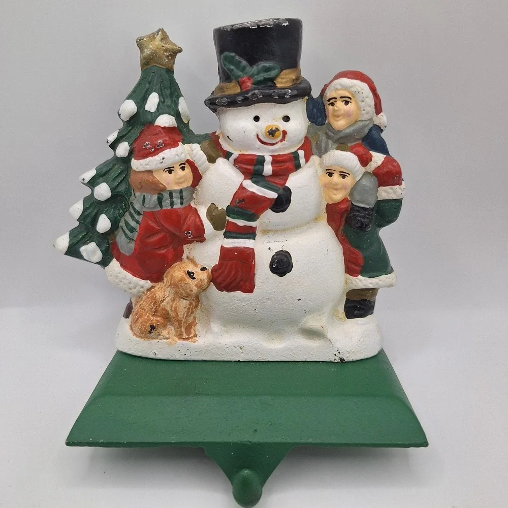 Vintage Cast Iron Christmas Stocking Hanger Hook Snowman, Kids, and Dog 5.5 inch